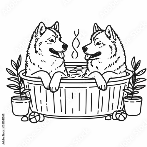 Siberian Husky Couple sharing a hot tub minimalist vector graphic depicts a loving canine pair relaxing in warmth