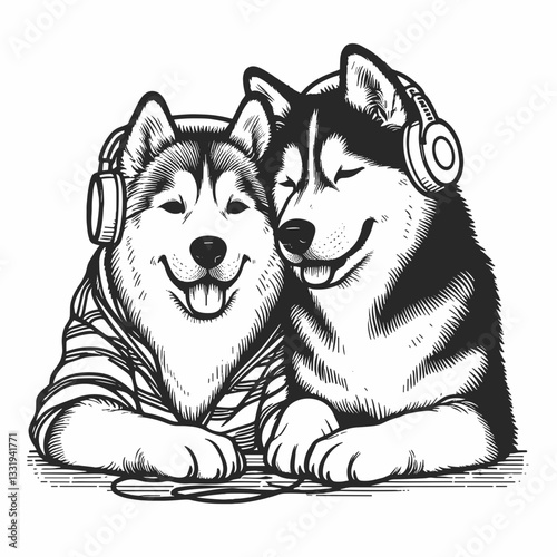 Siberian Husky Couple listening to music together a minimalist vector drawing shows pure canine bliss