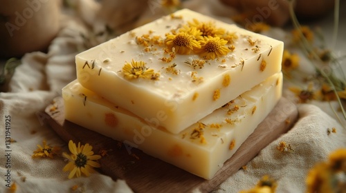 Two bars of organic soap with yellow flowers rest on a wooden board, promoting natural skincare and aromatherapy
