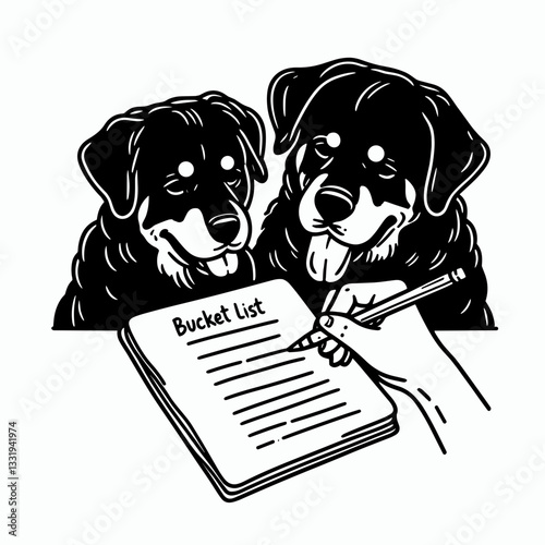 Rottweiler Dog Couple vector outline drawing a bucket list of adventures together for their loyal love