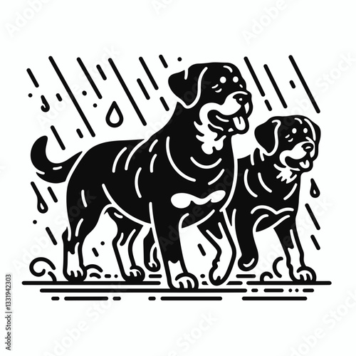 Rottweiler Dog Couple walking in the rain a simple monochrome vector graphic depicts loyal love.