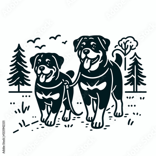 Rottweiler Dog Couple walking in the park a minimalist silhouette graphic depicts loyal companionship in nature