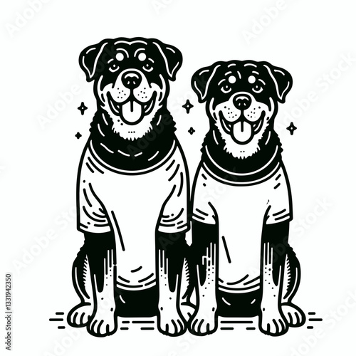 Rottweiler Dog Couple volunteering together a simple monochrome vector graphic shows loyal canine companions aiding a community project.