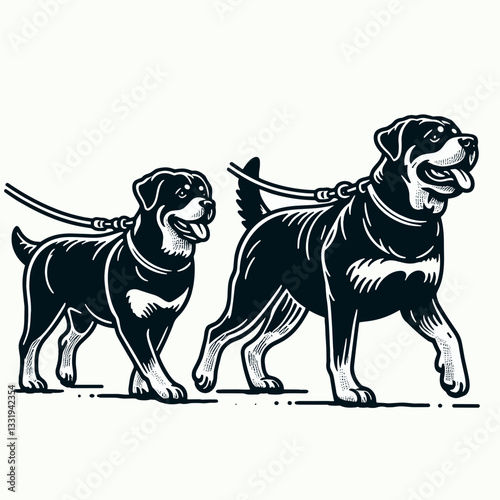 Rottweiler Dog Couple walking in the park a minimalist silhouette graphic of canine love strolling.