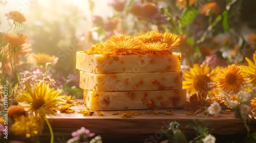 Three bars of organic soap with calendula petals, showcasing natural skincare and aromatherapy benefits in a sunny garden setting