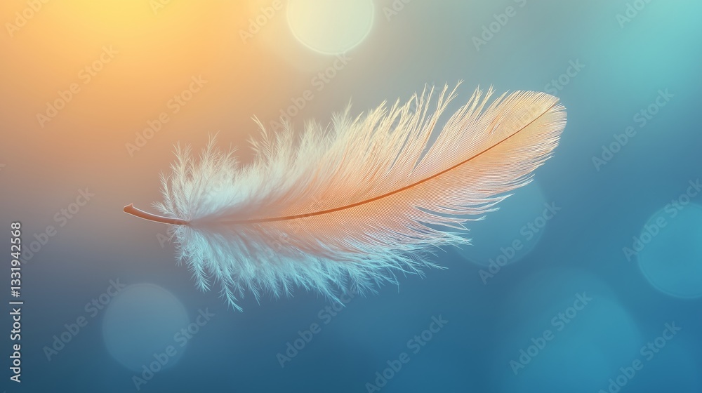 Naklejka premium Light feather floats gracefully in the air, warmly illuminated by soft ambient colors
