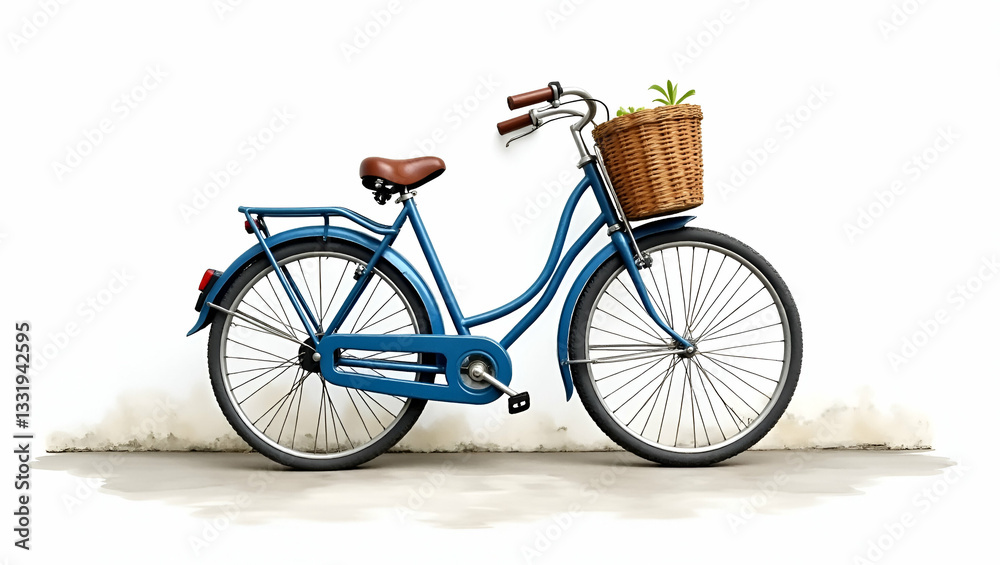 Fototapeta premium Vintage Charm: Watercolor Illustration of a Blue Bicycle with Wicker Basket on White Background