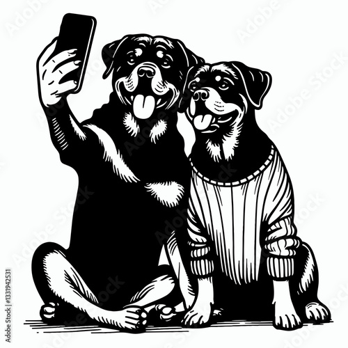 Rottweiler Dog Couple taking a selfie vector graphic minimalist silhouette a loving pair posing for a cute picture.