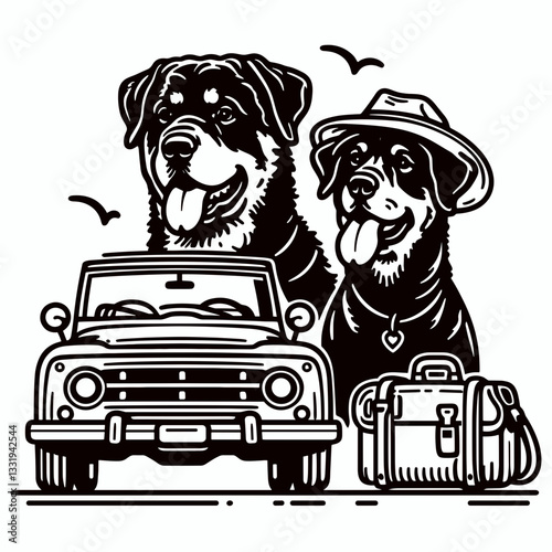 Rottweiler Dog Couple taking a road trip vector graphic minimalist silhouette showing their happy journey across America.
