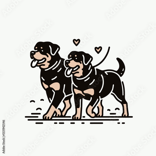 Rottweiler Dog Couple taking a long walk a minimalist vector outline drawing depicts canine companionship.