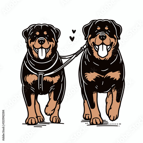 Rottweiler Dog Couple taking a long walk a minimalist vector graphic depicting loyal companionship