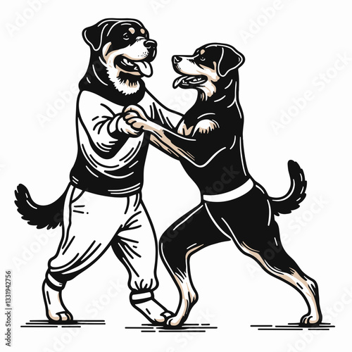 Rottweiler Dog Couple taking a dance class minimalist vector graphic shows their graceful waltz