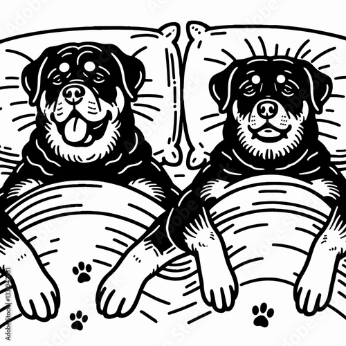 Rottweiler Dog Couple spending the day in bed lazily cuddling a simple monochrome vector outline drawing