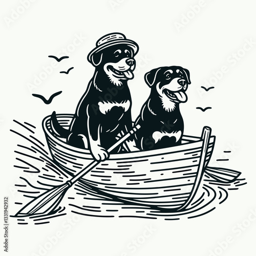 Rottweiler Dog Couple taking a boat ride vector silhouette minimalist graphic a sunny day on the lake