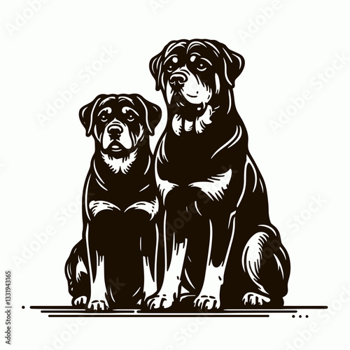 Rottweiler Dog Couple sitting in silence minimalist vector graphic depicts a loyal pair's quiet companionship.