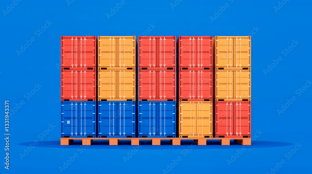 A vibrant arrangement of shipping containers in red, yellow, and blue against a bright blue background.