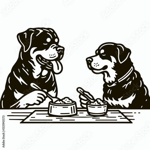 Rottweiler Dog Couple sharing a meal:  a minimalist vector graphic of two loyal canines enjoying a delicious bone.