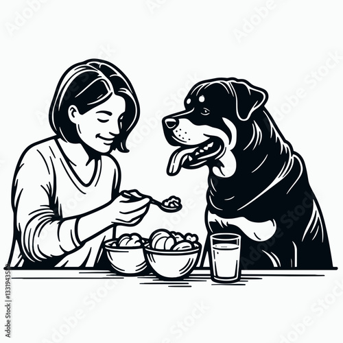 Rottweiler Dog Couple sharing a meal minimalist vector graphic depicts loyal love sharing food