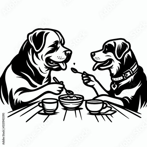 Rottweiler Dog Couple sharing a meal minimalist vector graphic depicts loving canine companions enjoying a shared feast