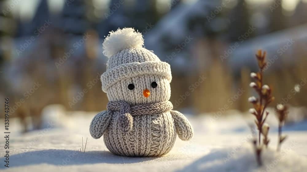 Kleiner gestrickter Schneemann auf winterlichem Hintergrund