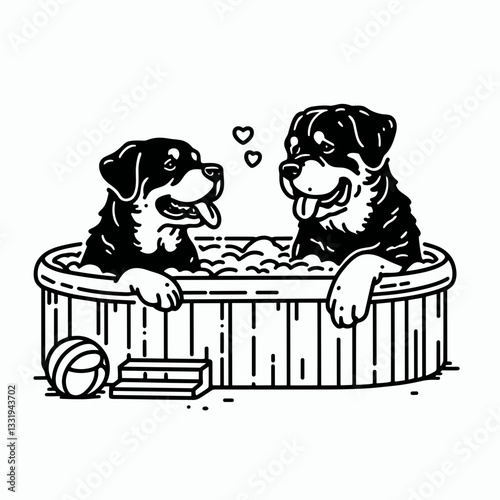 Rottweiler Dog Couple sharing a hot tub minimalist vector graphic depicts canine love and relaxation