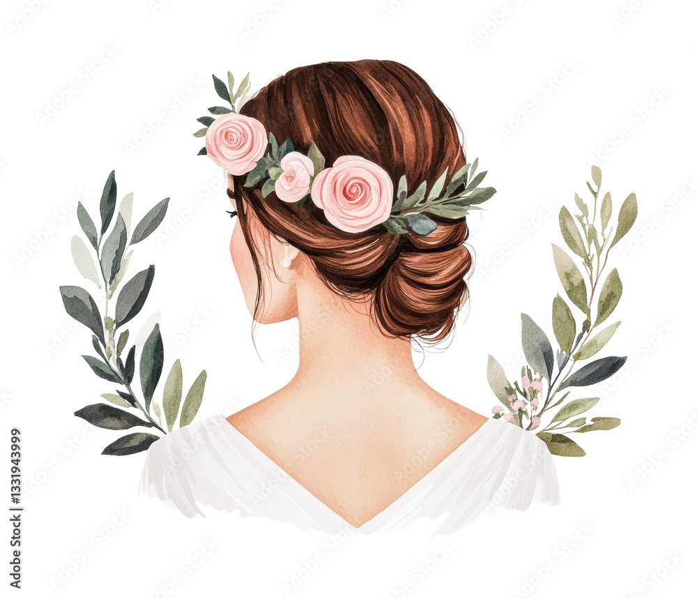 Naklejka premium Vintage floral hairpiece on caucasian female with elegant updo, cut out