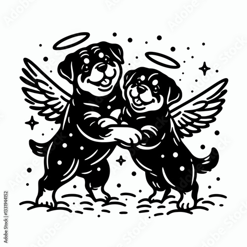 Rottweiler Dog Couple making snow angels a minimalist vector drawing of playful pups enjoying winter fun