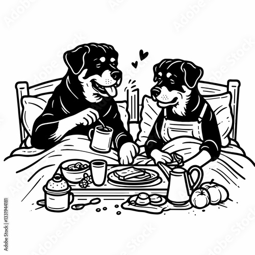 Rottweiler Dog Couple making breakfast in bed a minimalist vector drawing of a loving canine pair enjoying a morning meal