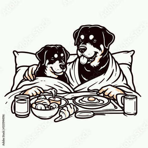 Rottweiler Dog Couple making breakfast in bed a minimalist monochrome vector illustration depicts loving canines enjoying a morning meal