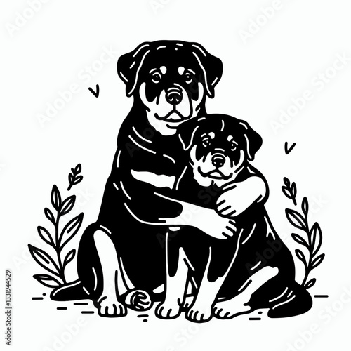 Rottweiler Dog Couple hugging tightly a minimalist monochrome vector drawing depicts loyal love.