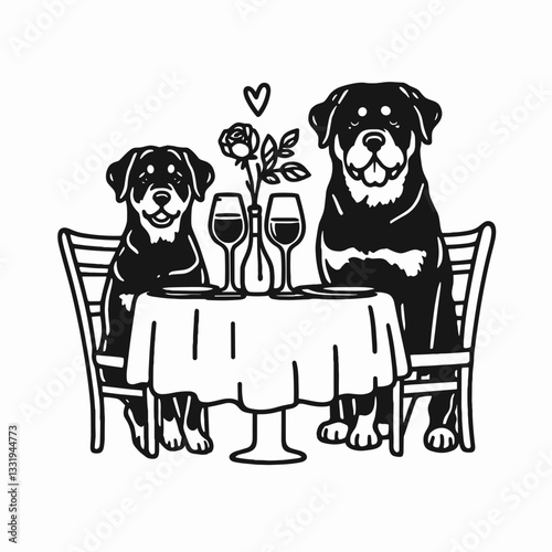 Rottweiler Dog Couple going to a romantic restaurant; create a minimalist vector outline drawing of their loving dinner date.