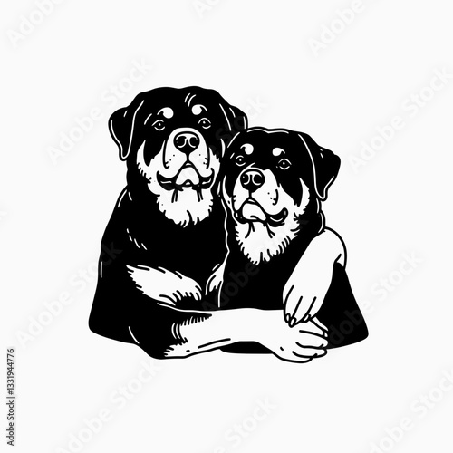 Rottweiler Dog Couple holding each other close in a simple monochrome vector outline drawing shows deep affection.