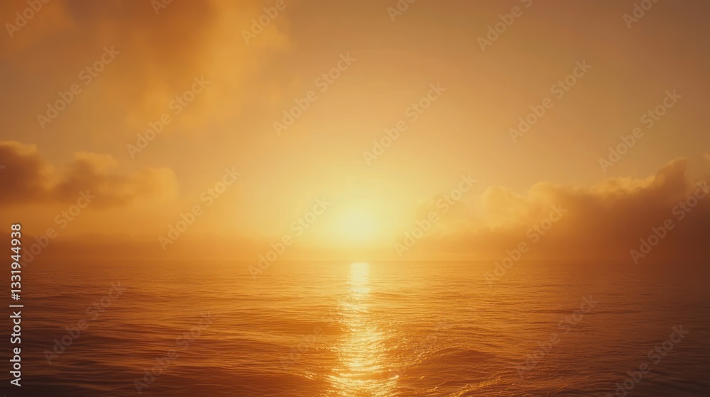 Fototapeta premium Golden sunrise over calm ocean; hazy sky, sun reflecting on water.