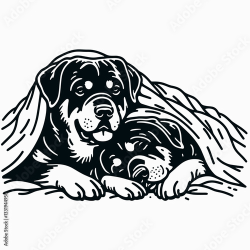 Rottweiler dog couple cuddling under a blanket a minimalist vector drawing shows love and companionship