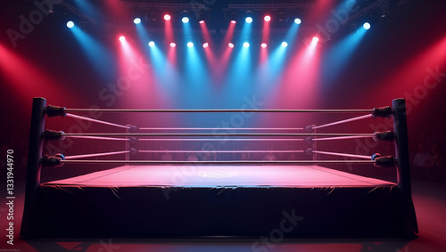Flat Dynamic view of professional wrestling ring illuminated with vibrant lights concept as Dynamic view of professional wrestling ring illuminated with vibrant lights in  Simple flat cute vector illu