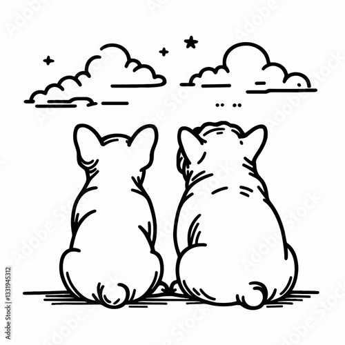 French Bulldog Couple watching the clouds a simple minimalist vector graphic depicts their serene afternoon.