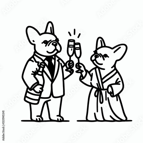 French Bulldog Couple toasting with champagne vector minimalist silhouette drawing a romantic Parisian celebration