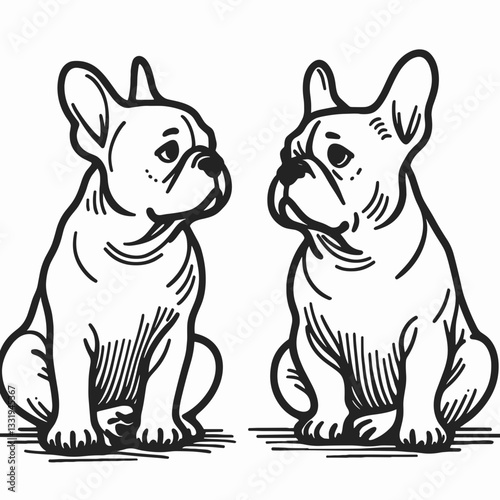 French Bulldog Couple sitting in silence vector graphic minimalist monochrome drawing depicts quiet companionship.