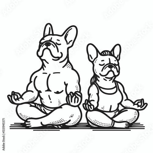 French Bulldog Couple sitting yoga poses minimalist vector graphic illustrating a harmonious pair in peaceful postures