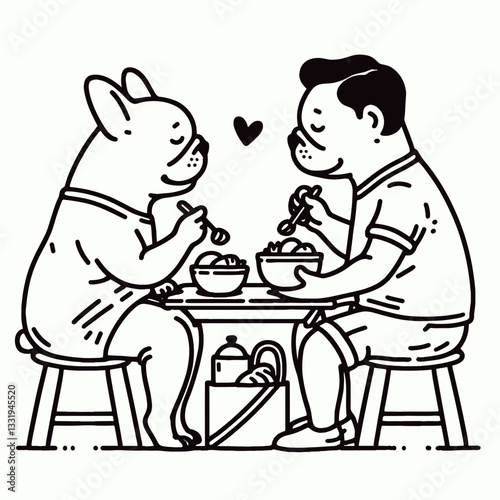 French Bulldog Couple sharing a meal vector graphic shows a loving pair enjoying a delicious treat together