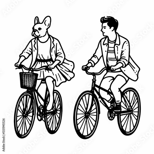 French Bulldog Couple riding bicycles vector outline drawing a charming Parisian street scene