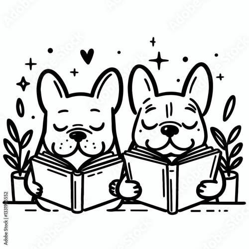 French Bulldog Couple reading each others favorite book a minimalist vector drawing depicts their cozy scene