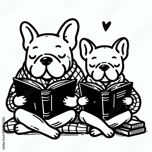 French Bulldog Couple reading each others favorite book minimalist vector drawing shows affection and companionship