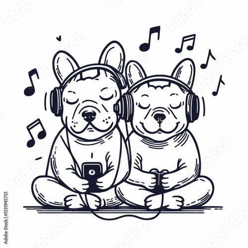 French Bulldog Couple listening to music together minimalist vector graphic shows love and harmony