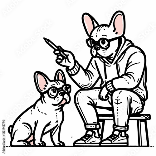 French Bulldog Couple learning something new together a minimalist vector drawing of their playful pursuit of knowledge