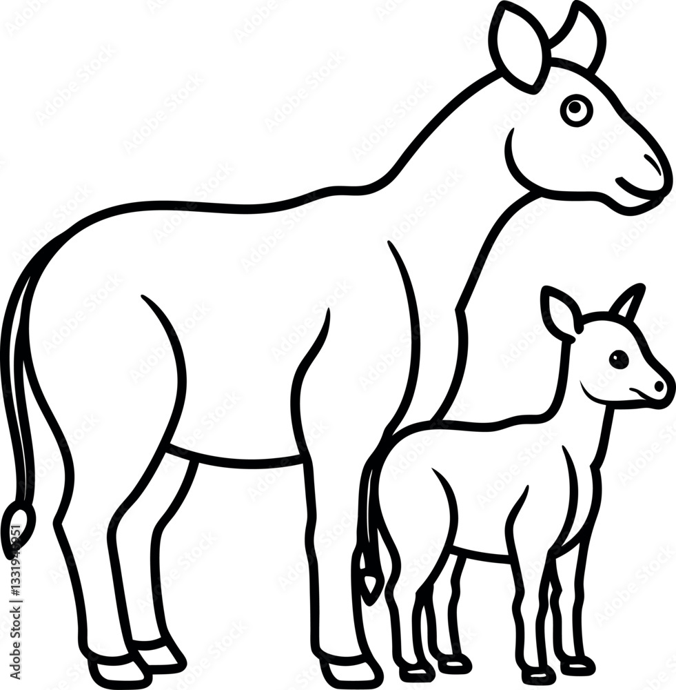 Artistic black and white drawing of a horse and foal, perfect for farm animal educational content or creative designs Artistic black and white drawing of a horse and foal, perfect for farm animal educational content or creative designs