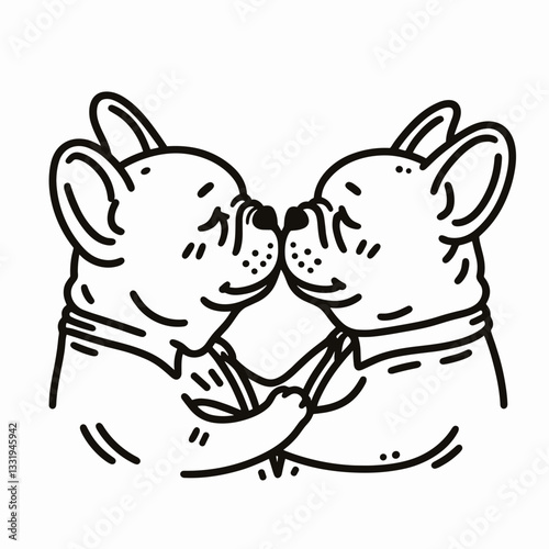 French Bulldog Couple Holding each others faces for a kiss vector outline drawing a heartwarming monochrome minimalist moment of love.