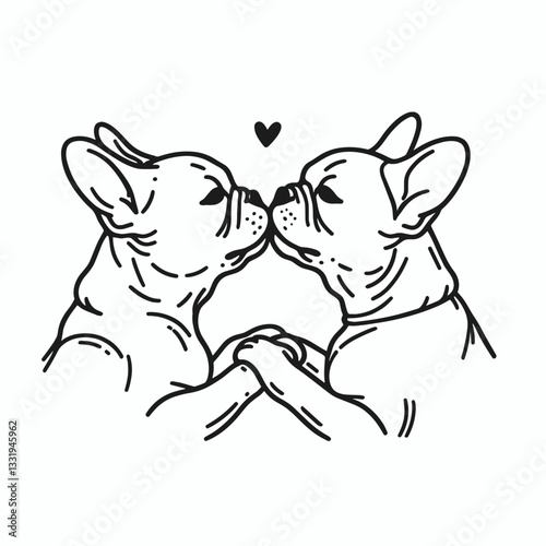 French Bulldog Couple Holding each others faces for a kiss vector illustration a sweet monochrome minimalist doodle of love