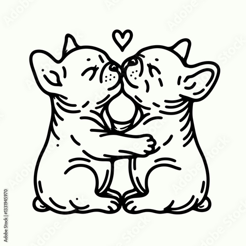 French Bulldog Couple Holding each others faces for a kiss a minimalist line drawing shows affectionate love