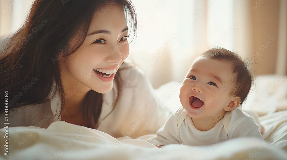 A heartwarming moment of a young Asian mother laughing with her newborn on a bed, ideal for parenting blogs, Mother's Day themes, and family-oriented marketing. A heartwarming moment of a young Asian mother laughing with her newborn on a bed, ideal for parenting blogs, Mother's Day themes, and family-oriented marketing.